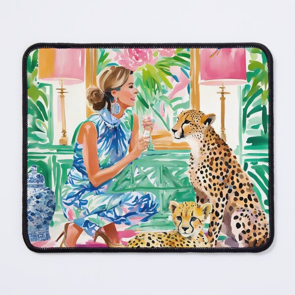Item preview, Grandmillennial art, woman and cheetahs in preppy chinoiserie interior designed and sold by SophieClimaArt.
