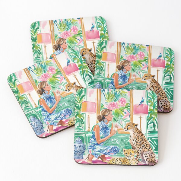 Item preview, Grandmillennial art, woman and cheetahs in preppy chinoiserie interior designed and sold by SophieClimaArt.