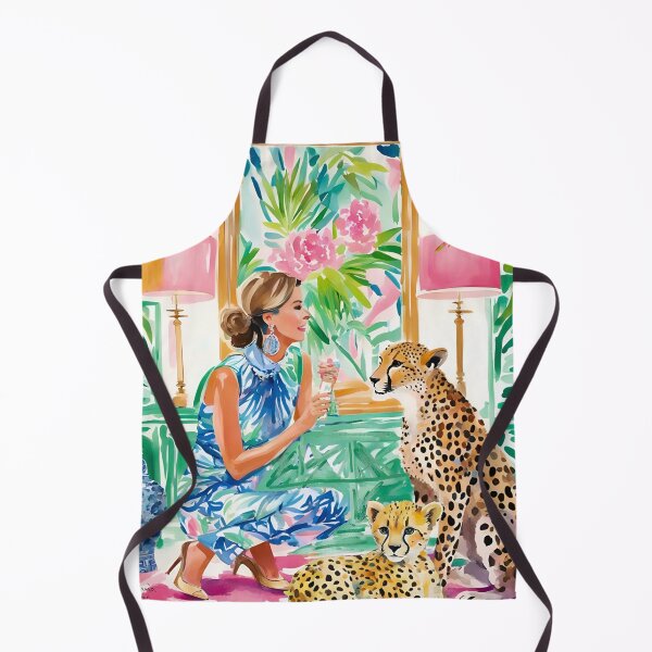 Item preview, Grandmillennial art, woman and cheetahs in preppy chinoiserie interior designed and sold by SophieClimaArt.