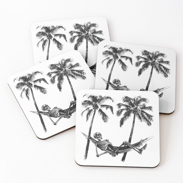 Item preview, Black and White Skeleton Hammock Under Palm Trees Tropical Gothic Art designed and sold by inkoutninja.