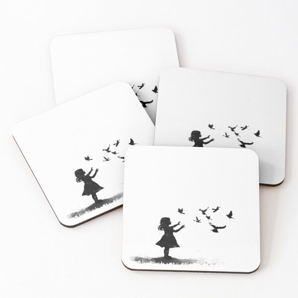 Item preview, Black and White Girl Releasing Birds Silhouette Dreamy Art designed and sold by inkoutninja.