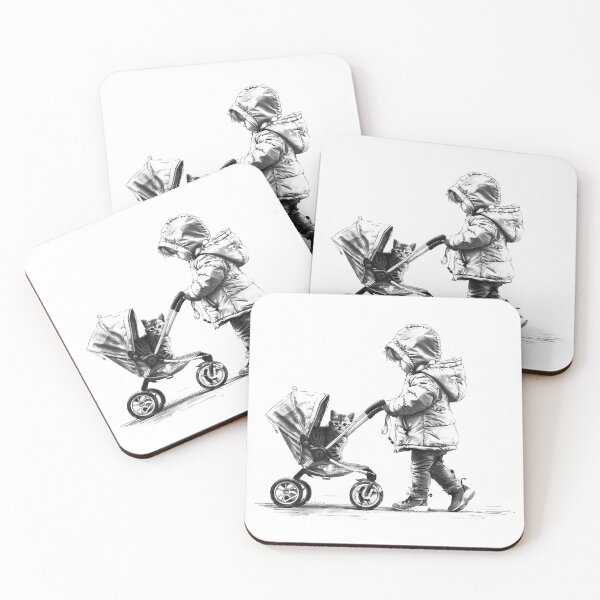 Item preview, Black and White Child Walking Cat in Stroller Whimsical Illustration designed and sold by inkoutninja.