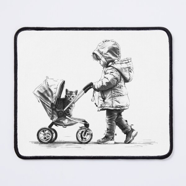 Item preview, Black and White Child Walking Cat in Stroller Whimsical Illustration designed and sold by inkoutninja.