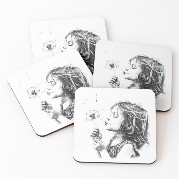 Item preview, Black and White Girl Blowing Dandelion Whimsical Portrait Art designed and sold by inkoutninja.