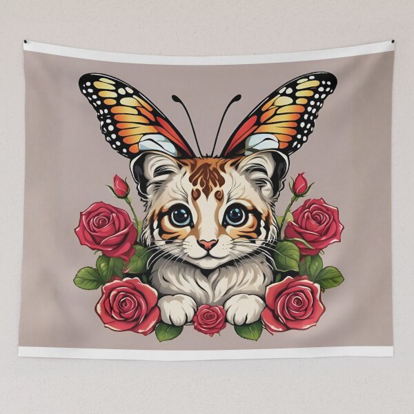 Item preview, Butterfly Crowned Kitten Among Crimson Roses designed and sold by CASASIS_MERCH.