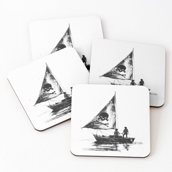 Item preview, Black and White Pirate Sailboat with Skull Flag Nautical Art designed and sold by inkoutninja.