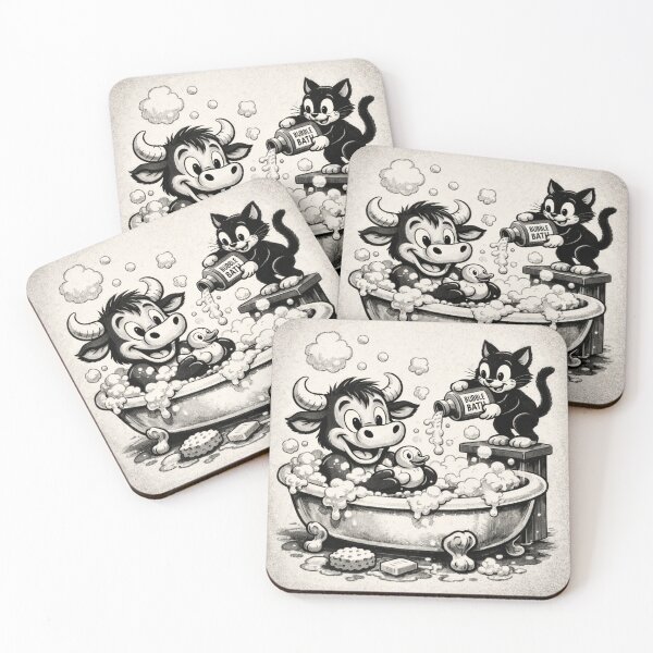 Item preview, Bubble Bath Buddies – Vintage Cartoon Cow & Cat Bath Time designed and sold by MapleBaconator.