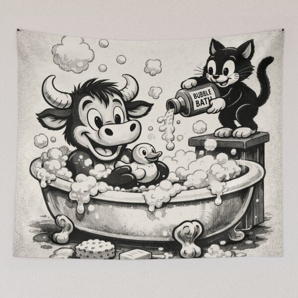 Item preview, Bubble Bath Buddies – Vintage Cartoon Cow & Cat Bath Time designed and sold by MapleBaconator.