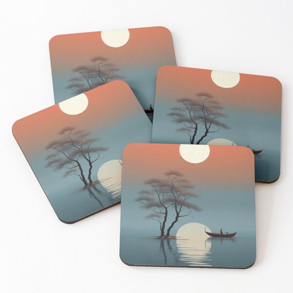 Item preview, Zen Lake Sunset Boat Minimalist Landscape Art designed and sold by WanderingSky08.