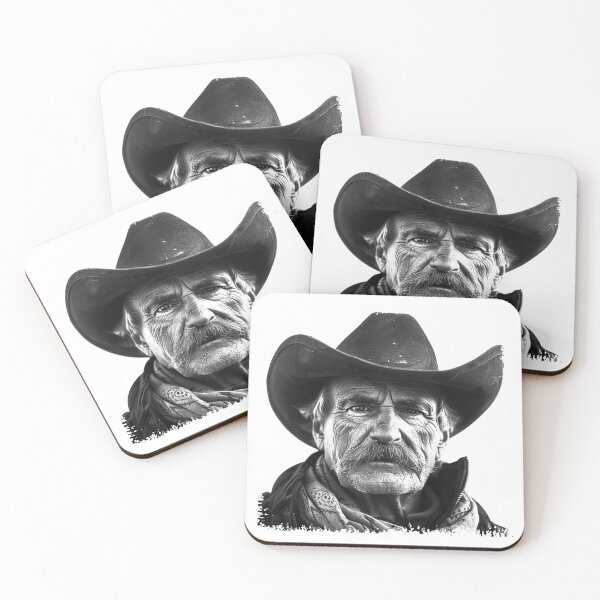 Item preview, Black and White Old Cowboy Portrait Rugged Western Character Art designed and sold by inkoutninja.