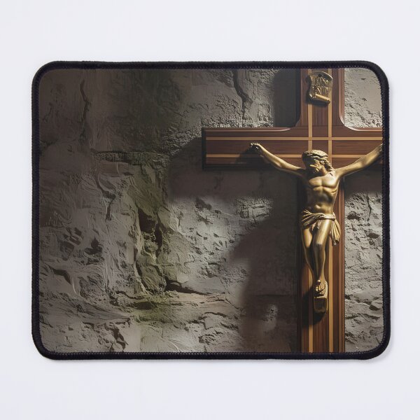 Aperçu de l'œuvre Crucifix et bougie dans la salle en pierre créée et vendue par balquebratum.