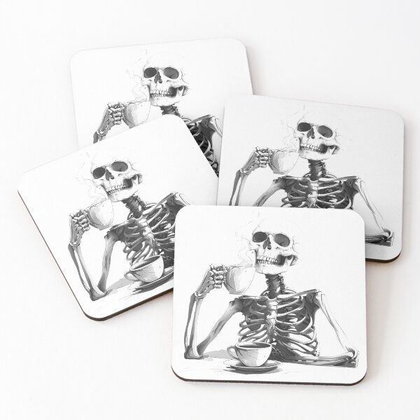 Item preview, Black and White Skeleton Drinking Coffee Dark Humor Gothic Art designed and sold by inkoutninja.