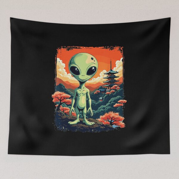 Item preview, Cute Alien Visitor Japanese Landscape Illustration designed and sold by titanlevi.