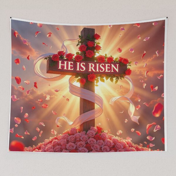 Item preview, He Is Risen Rose Cross – Inspirational Christian Easter Art designed and sold by PixelVibe782.