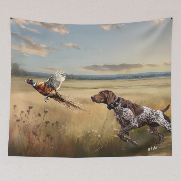 Item preview, Pheasant Flush with German Shorthaired Pointer - Hunting Dog Art designed and sold by TammyHunterArt.