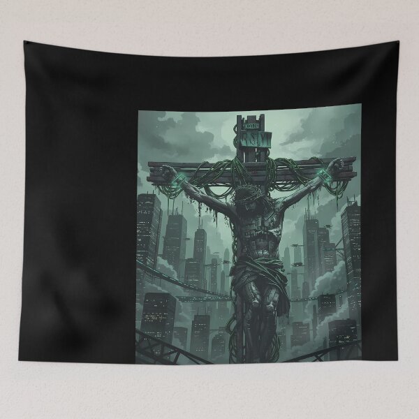 Item preview, Cyberpunk Crucifixion in Futuristic Cityscape designed and sold by MASONa03.