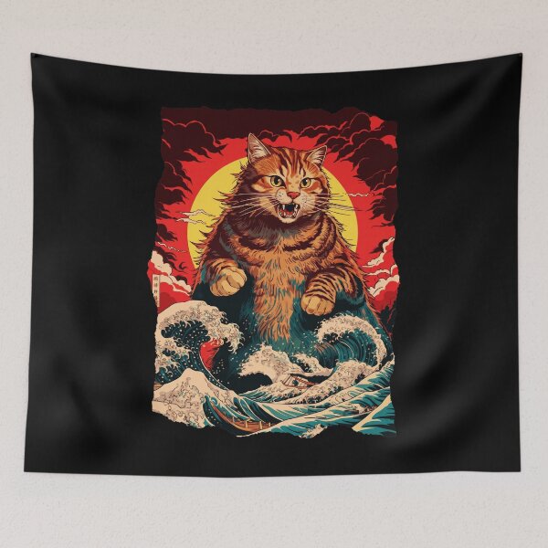 Item preview, Giant Cat Ocean Waves Japanese Retro Ukiyo Style designed and sold by JEFDodsonArt.