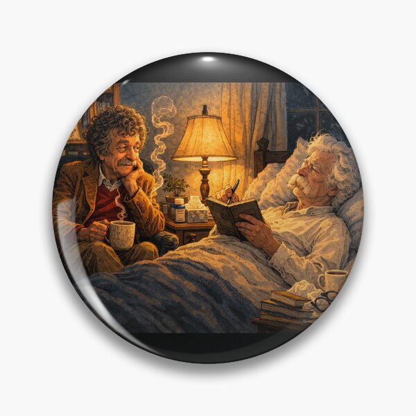 Item preview, Kurt Vonnegut Visits Mark Twain – Literary Legends Writing in Bed Illustration designed and sold by DiamondSkyShirt.