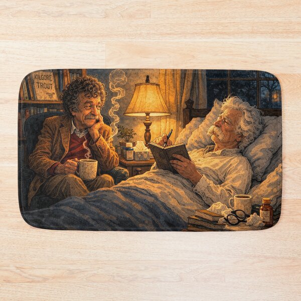 Item preview, Kurt Vonnegut Visits Mark Twain – Literary Legends Writing in Bed Illustration designed and sold by DiamondSkyShirt.
