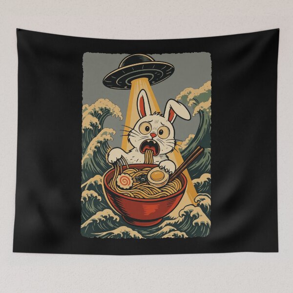 Item preview, UFO Bunny Ramen Bowl Retro Japanese Wave Illustration designed and sold by JEFDodsonArt.