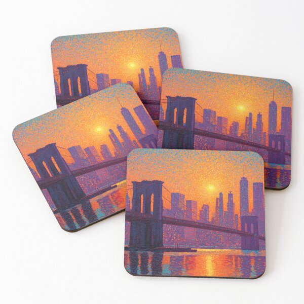 Item preview, New York Brooklyn Bridge Pointillism Sunset Skyline designed and sold by Moisky Art.
