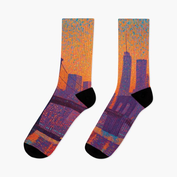 Item preview, New York Brooklyn Bridge Pointillism Sunset Skyline designed and sold by Moisky Art.