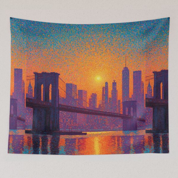 Item preview, New York Brooklyn Bridge Pointillism Sunset Skyline designed and sold by Moisky Art.