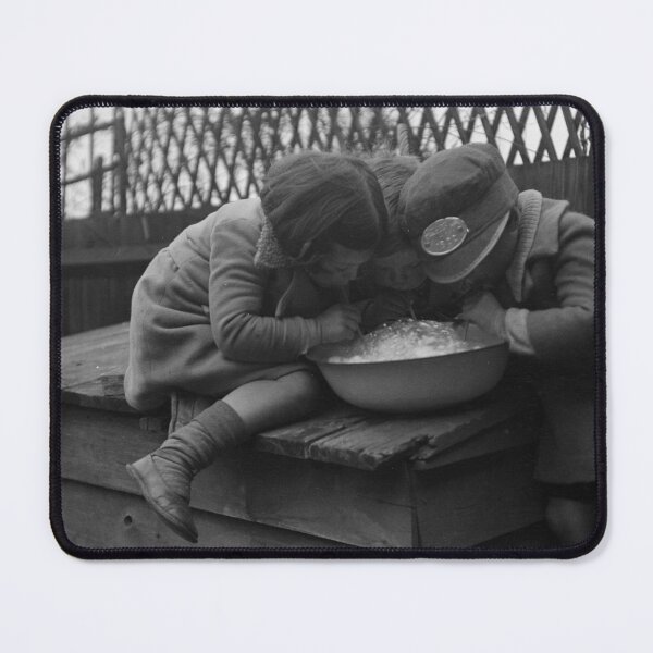 Item preview, Vintage children making bubbles with straws and milk funny black and white photograph poster art print designed and sold by Astrid Arkhangelsky.