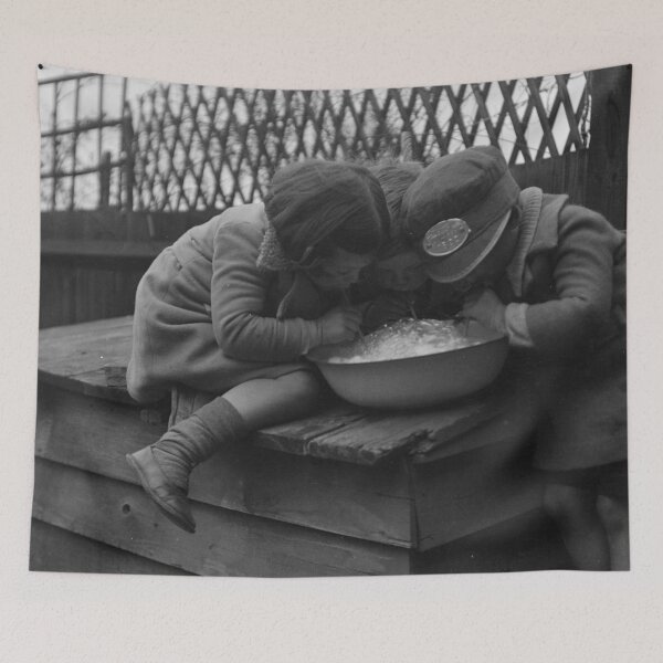 Item preview, Vintage children making bubbles with straws and milk funny black and white photograph poster art print designed and sold by Astrid Arkhangelsky.
