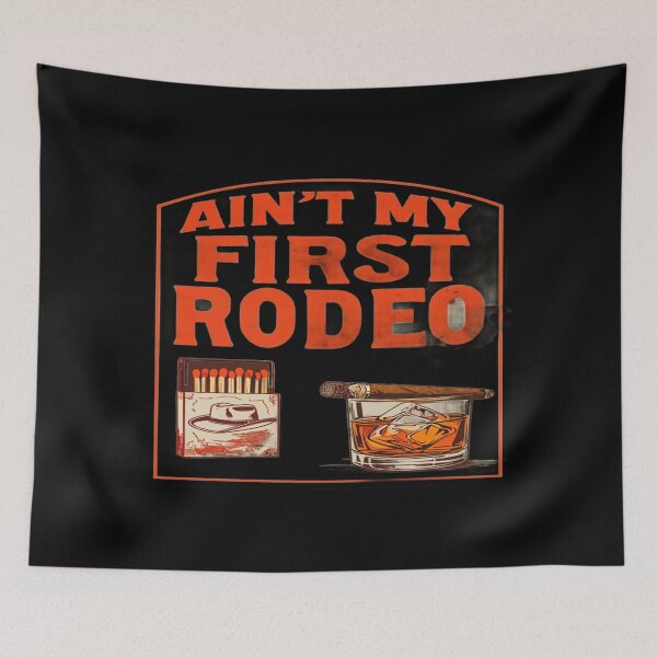 Artikelvorschau, „Ich bin nicht zum ersten Mal Rodeo“ – Westernkunst: Illustration im Vintage-Stil mit Streichholzschachtel, Whiskey und Zigarre im Cowboy-Stil entworfen und verkauft von Bright Nest Studio.
