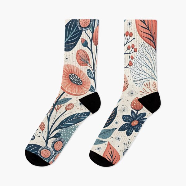 Item preview, Vintage Botanical Folk Art Pattern - Mid Century Modern Terracotta and Indigo Floral Garden - Scandinavian Inspired Nature Illustration for Home Decor and Wall Art designed and sold by Vivaan Studio.