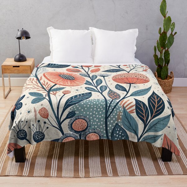 Item preview, Vintage Botanical Folk Art Pattern - Mid Century Modern Terracotta and Indigo Floral Garden - Scandinavian Inspired Nature Illustration for Home Decor and Wall Art designed and sold by Vivaan Studio.