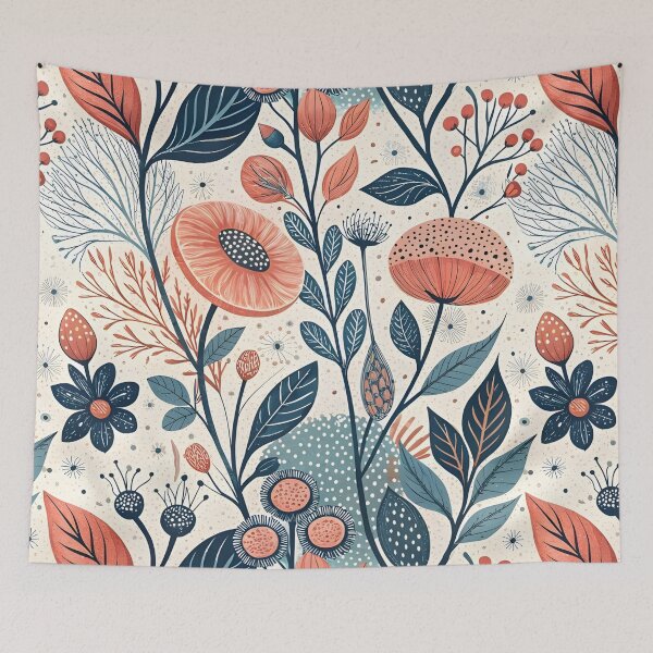 Item preview, Vintage Botanical Folk Art Pattern - Mid Century Modern Terracotta and Indigo Floral Garden - Scandinavian Inspired Nature Illustration for Home Decor and Wall Art designed and sold by Vivaan Studio.