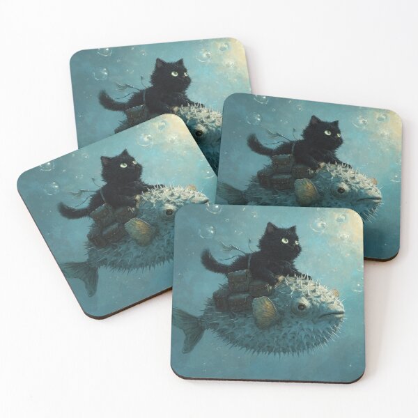 Item preview, Cat rides on pufferfish in water designed and sold by anytka.