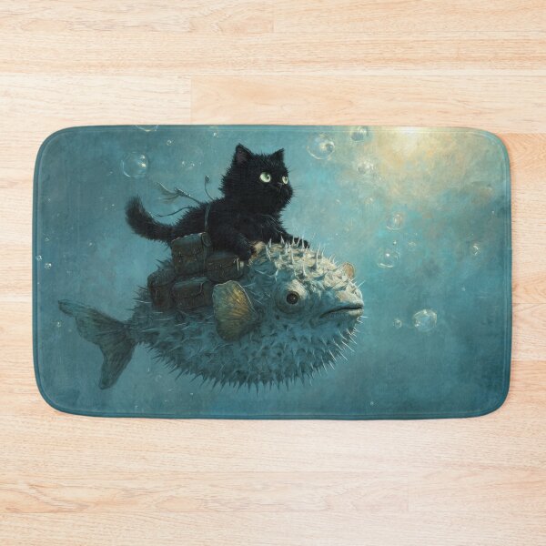 Item preview, Cat rides on pufferfish in water designed and sold by anytka.