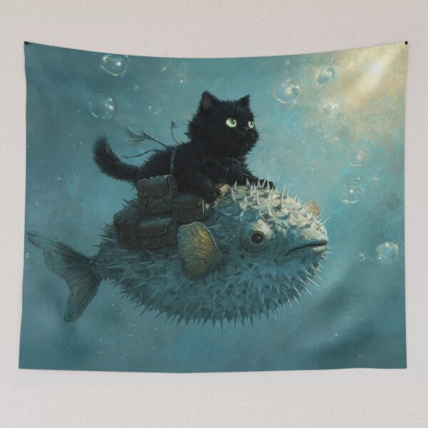 Item preview, Cat rides on pufferfish in water designed and sold by anytka.