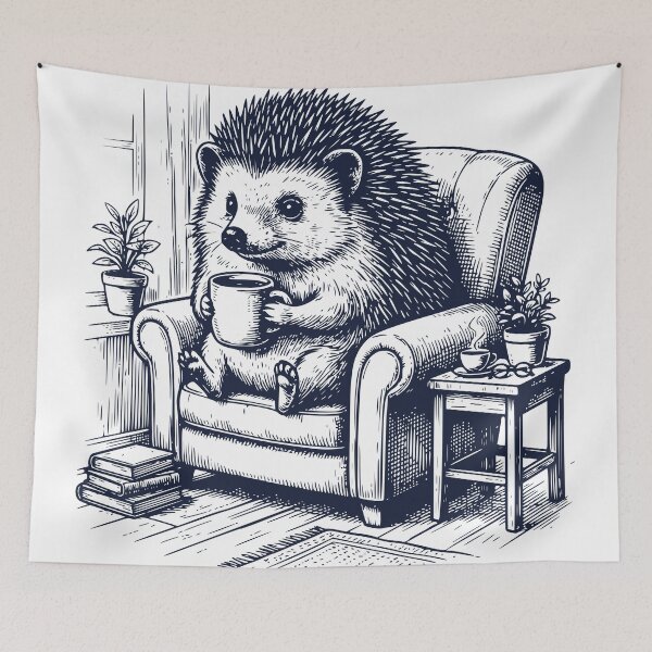 Item preview, Cozy Hedgehog Coffee – Cute Hedgehog in Armchair Drinking Coffee – Relaxing Animal Illustration designed and sold by TeeVerse27.