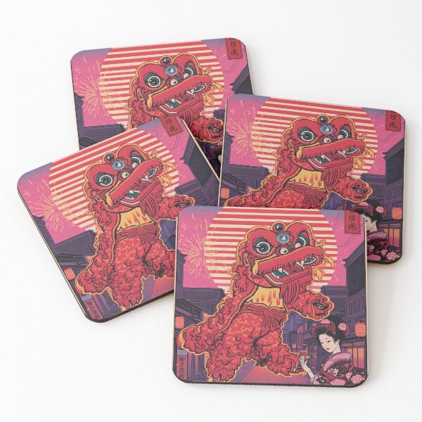 Item preview, 80s Vaporwave Japanese Festival Poster – Neon Lion Dance Ukiyo‑e Art designed and sold by Vandy Fullam.
