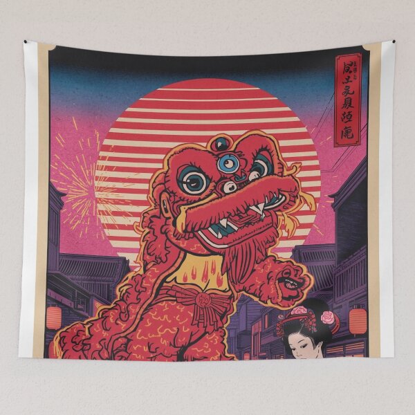 Item preview, 80s Vaporwave Japanese Festival Poster – Neon Lion Dance Ukiyo‑e Art designed and sold by Vandy Fullam.