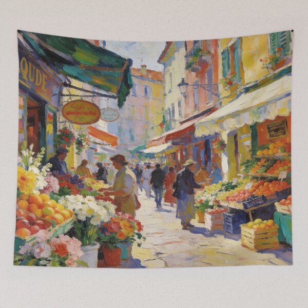 Item preview, Vibrant European Market Scene, Flower & Fruit Street Painting Wall Decor designed and sold by BlareBlare.
