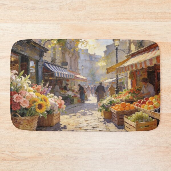Aperçu de l'œuvre Impressionist Flower Market Street Painting, Colorful Fruits & Shops Wall Art créée et vendue par BlareBlare.