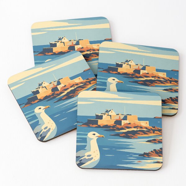 Item preview, Seagull at the Fortress - Art Deco Coastal Landscape Vintage Poster" designed and sold by White-Camel.