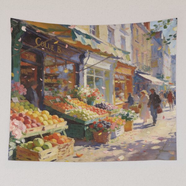 Item preview, Charming Street Market Artwork, Floral and Fruit Stalls in Impressionism Style designed and sold by BlareBlare.