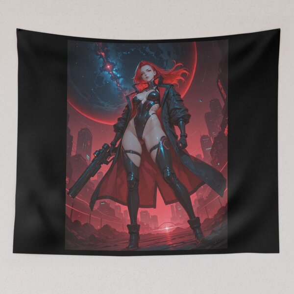 Item preview, Cyberpunk warrior waifu neon, in red and black designed and sold by Planet Utoppia.