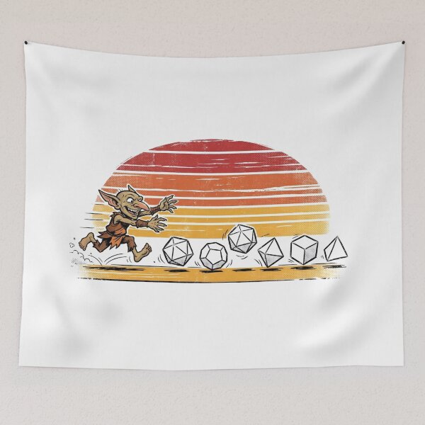 Item preview, Vintage Sunset Goblin Chasing Dice Tabletop RPG designed and sold by Fenay Designs.