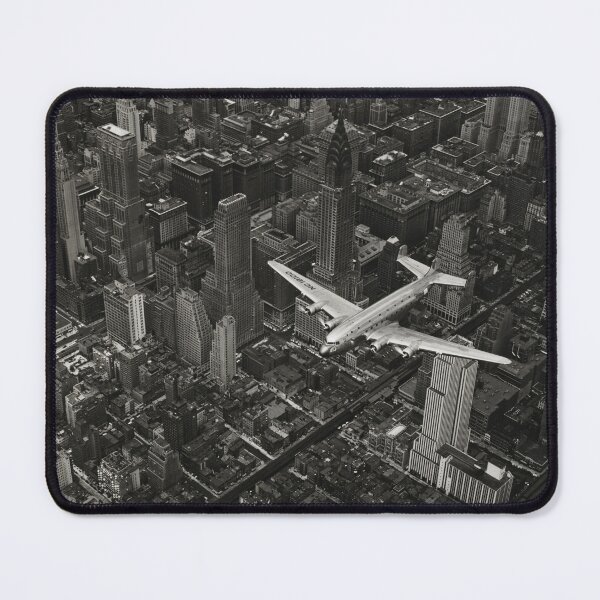 Item preview, A DC-4 Flying Over New York City, 1939, Manhattan skyscrapers and skyline black and white vintage photograph poster art print designed and sold by Astrid Arkhangelsky.