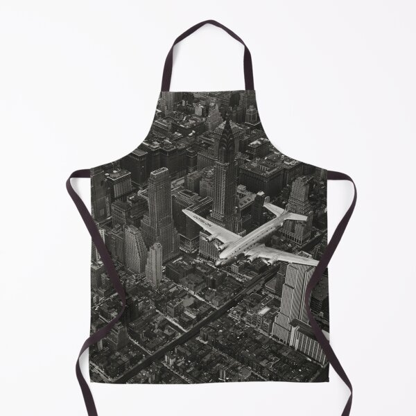 Item preview, A DC-4 Flying Over New York City, 1939, Manhattan skyscrapers and skyline black and white vintage photograph poster art print designed and sold by Astrid Arkhangelsky.
