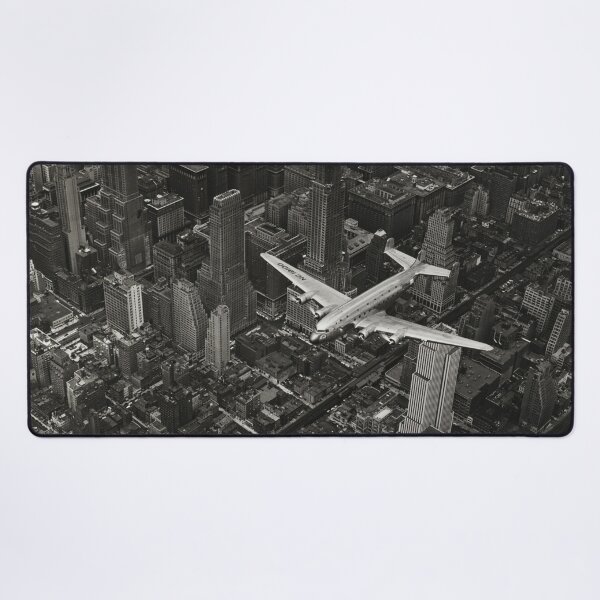 Item preview, A DC-4 Flying Over New York City, 1939, Manhattan skyscrapers and skyline black and white vintage photograph poster art print designed and sold by Astrid Arkhangelsky.