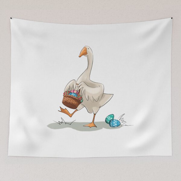 Item preview, Goose carries colorful Easter eggs in a basket while walking on grass during spring season designed and sold by Ms. Iryna.
