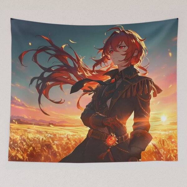 Item preview, Diluc Genshin Impact Dramatic Sunset Golden Field Red Hair designed and sold by Tokyonomad.